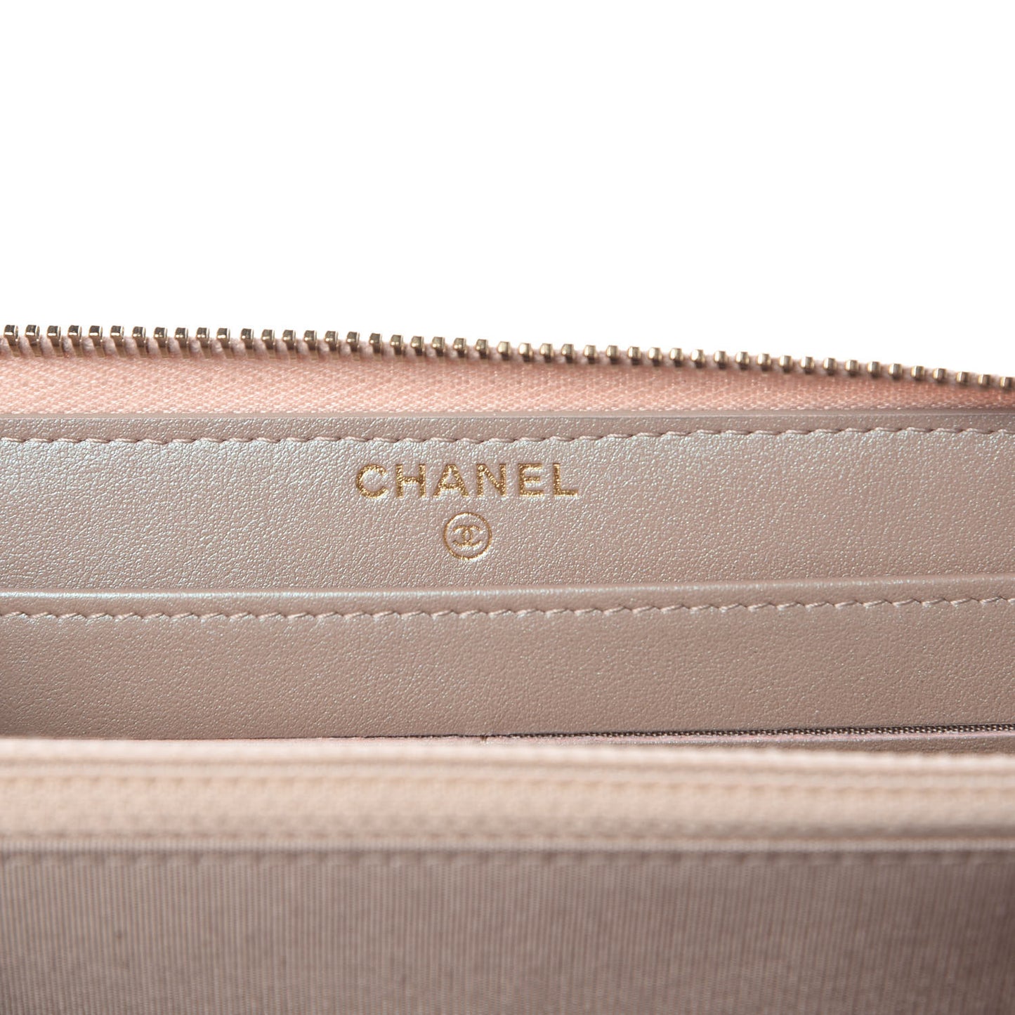 Iridescent Caviar Quilted Long Zip Around Wallet Beige