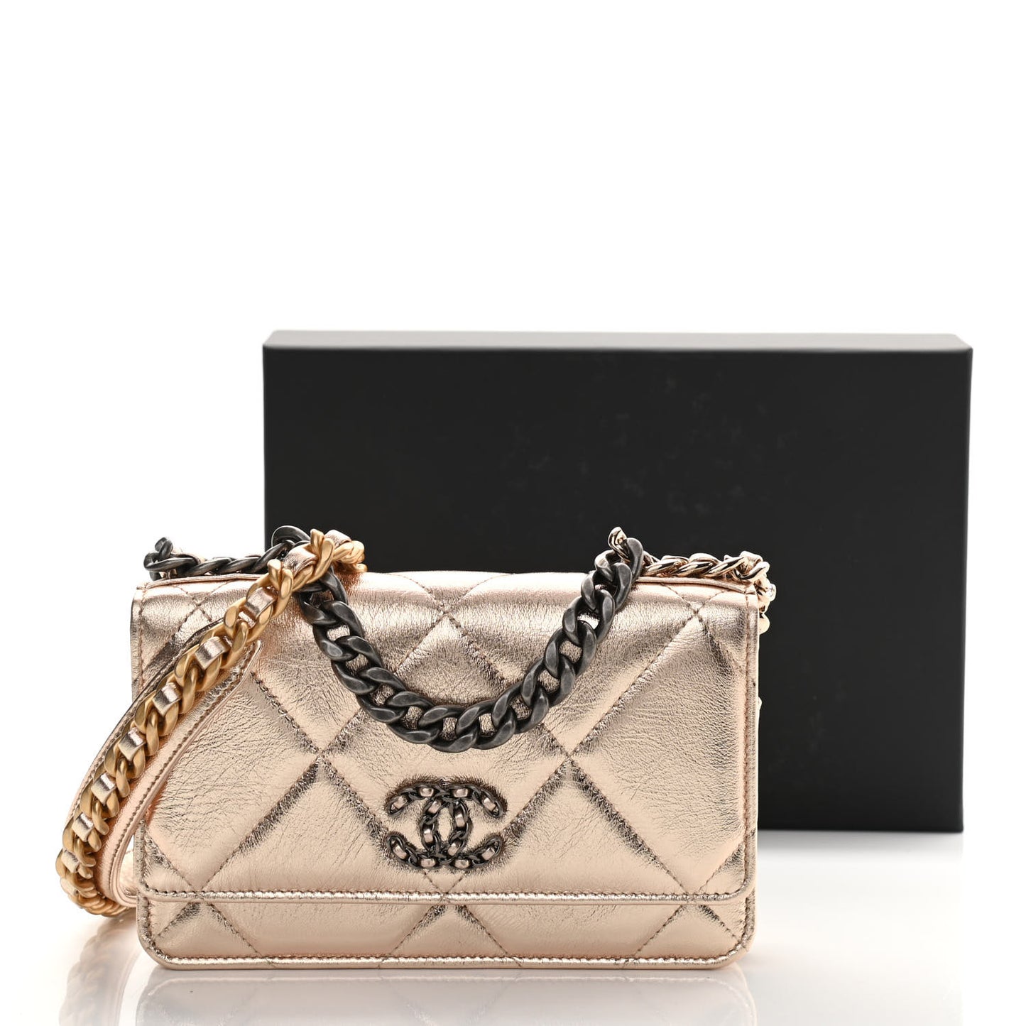 Metallic Goatskin Quilted Chanel 19 Wallet On Chain WOC Gold