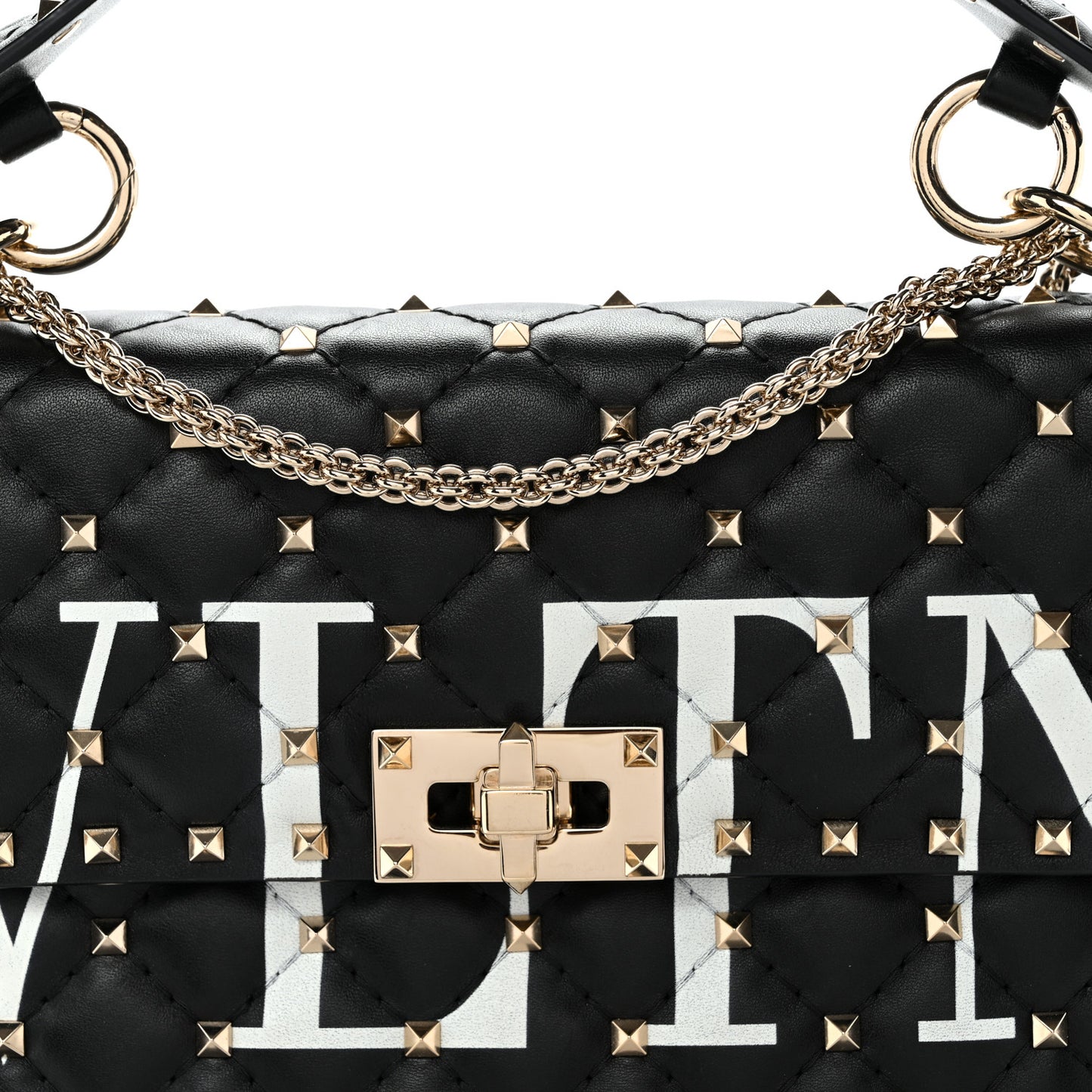 Lambskin VLTN Print Medium Rockstud Spike Shoulder Bag Black