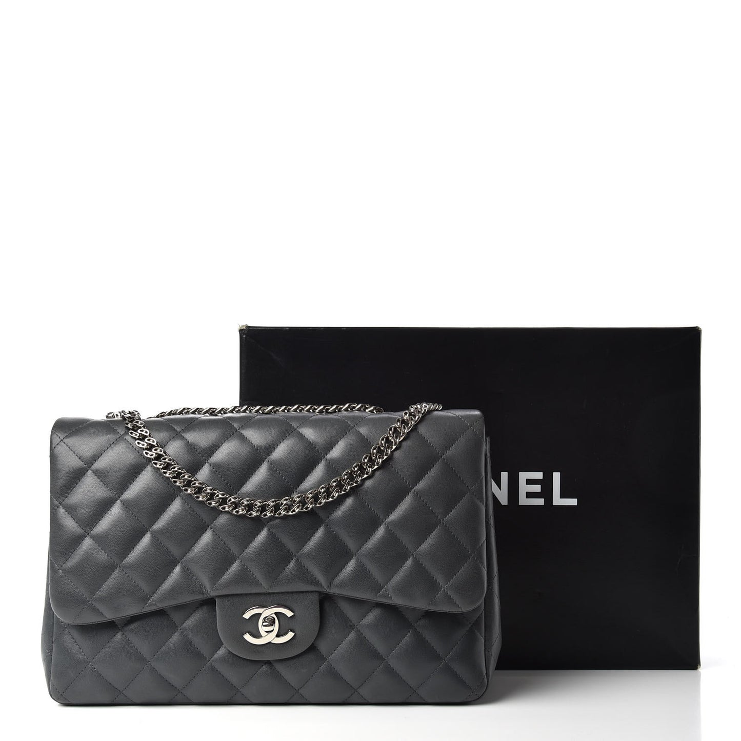 Lambskin Quilted Jumbo Single Bijoux Chain Flap Gris Fonce