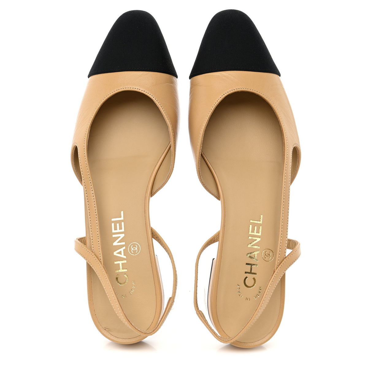 Goatskin Grosgrain Cap Toe CC Slingback Sandals 38.5 Beige Black