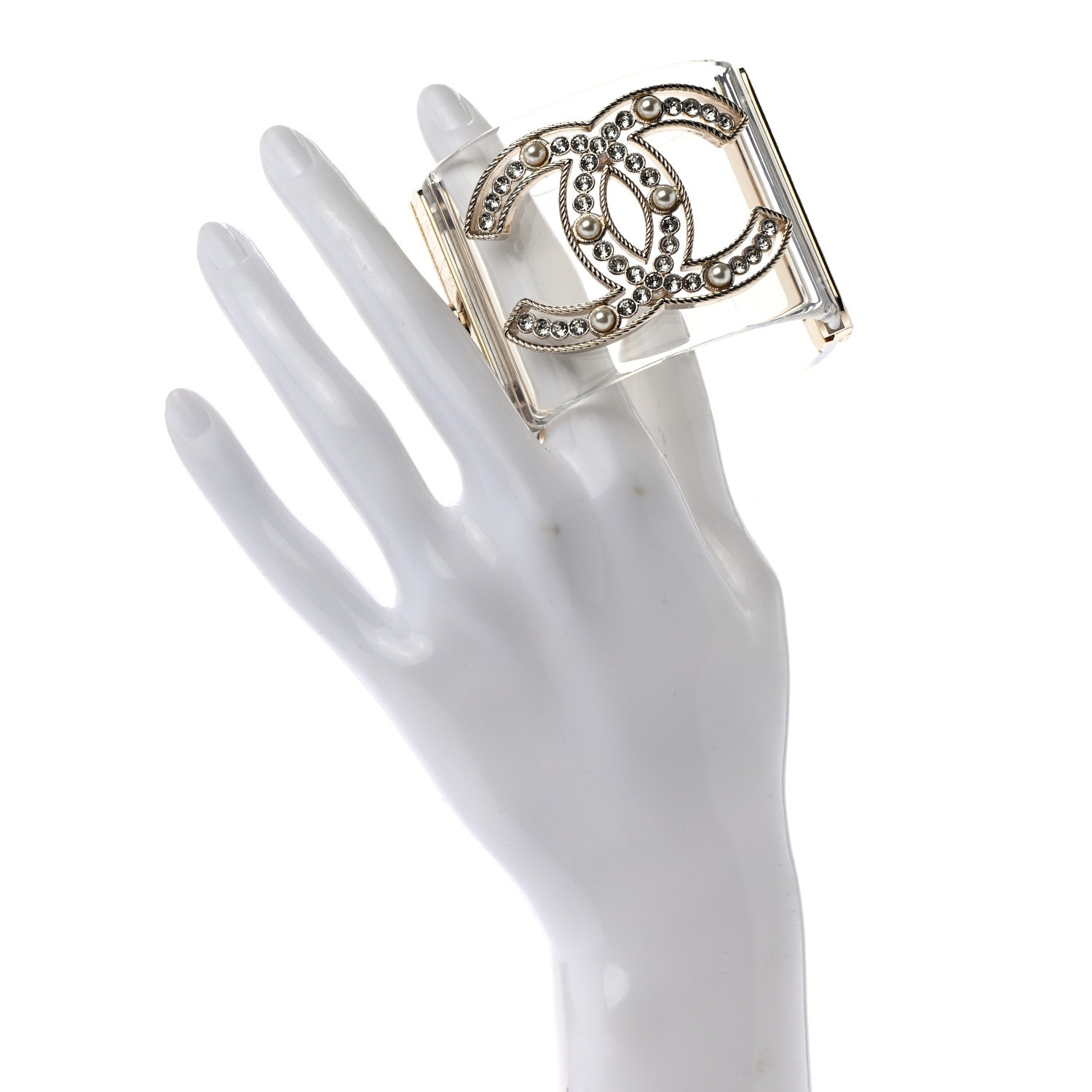 Chanel Transparent Pearl Crystal CC Cuff Golden Pearly White 2 of 4
