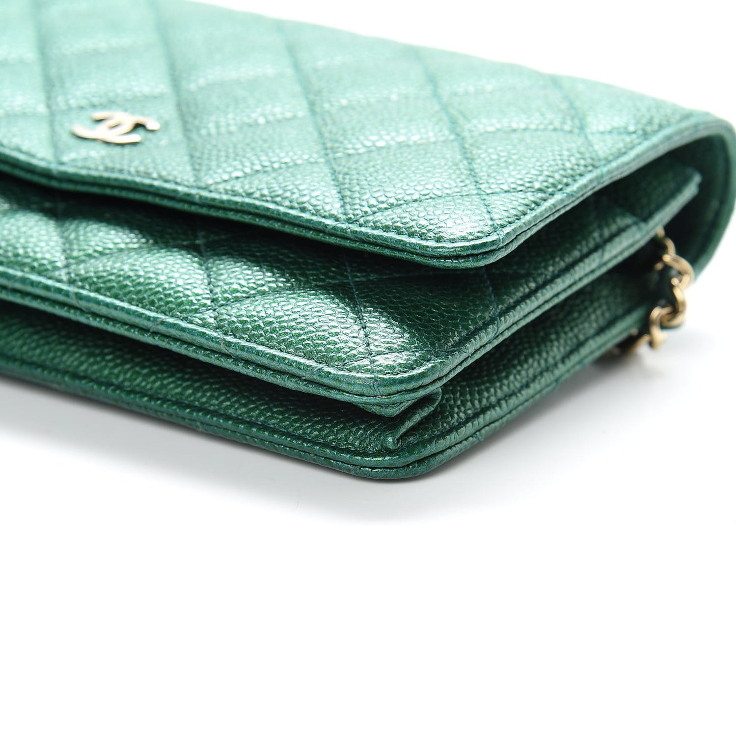 Metallic Caviar Quilted Wallet On Chain WOC Green