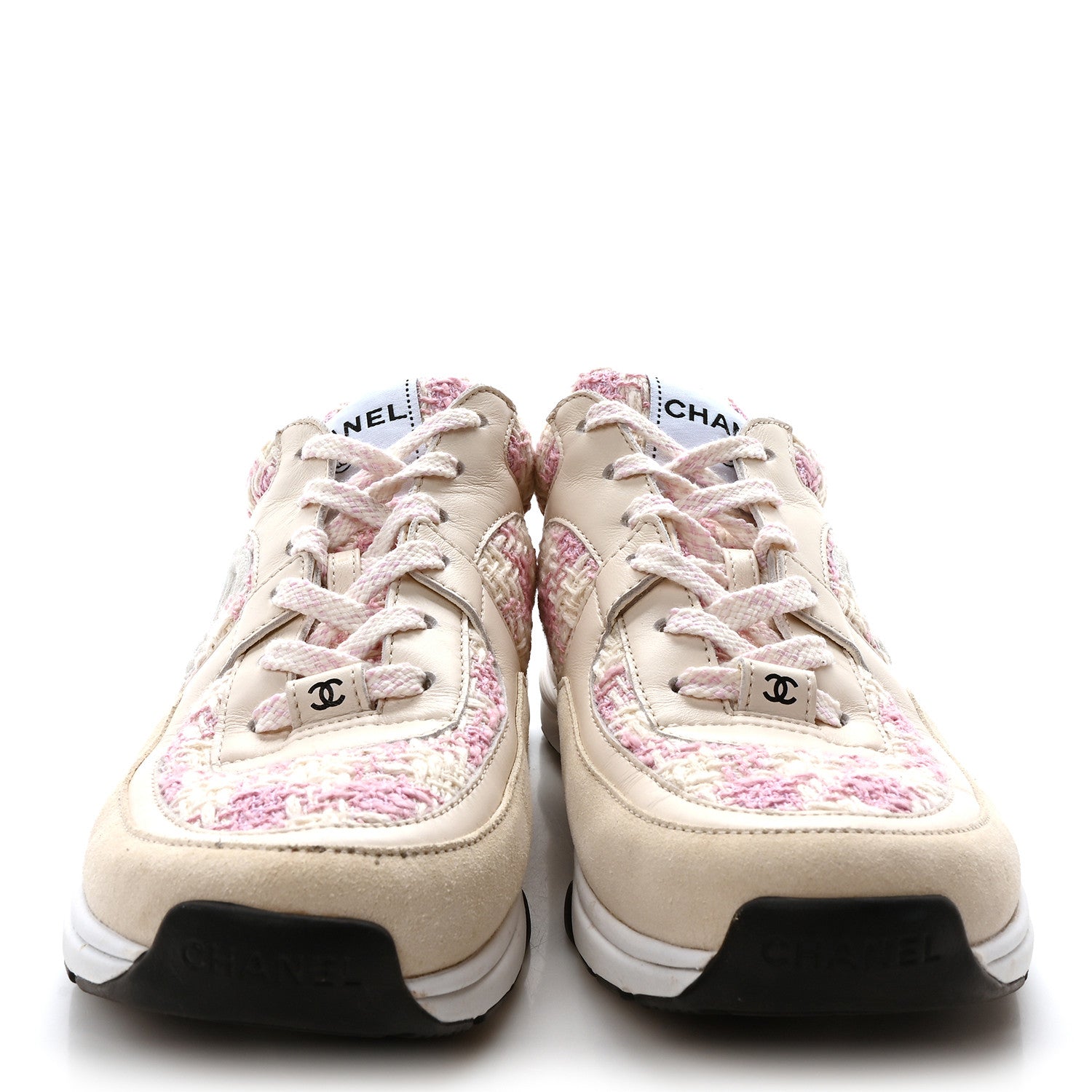 Chanel Tweed Suede Calfskin Womens CC Sneakers 39 Pink Ecru 3 of 8