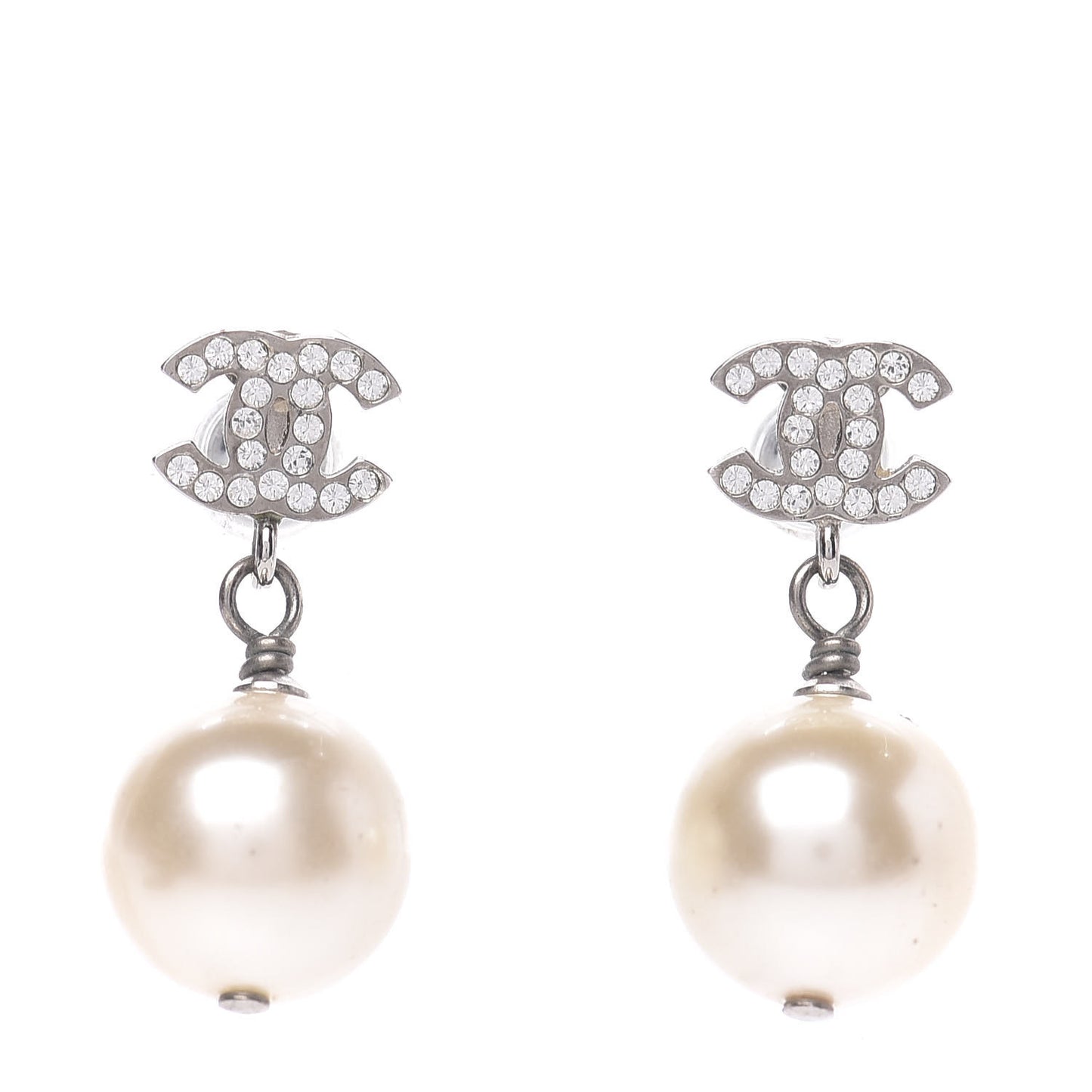 Crystal Pearl CC Drop Earrings Silver