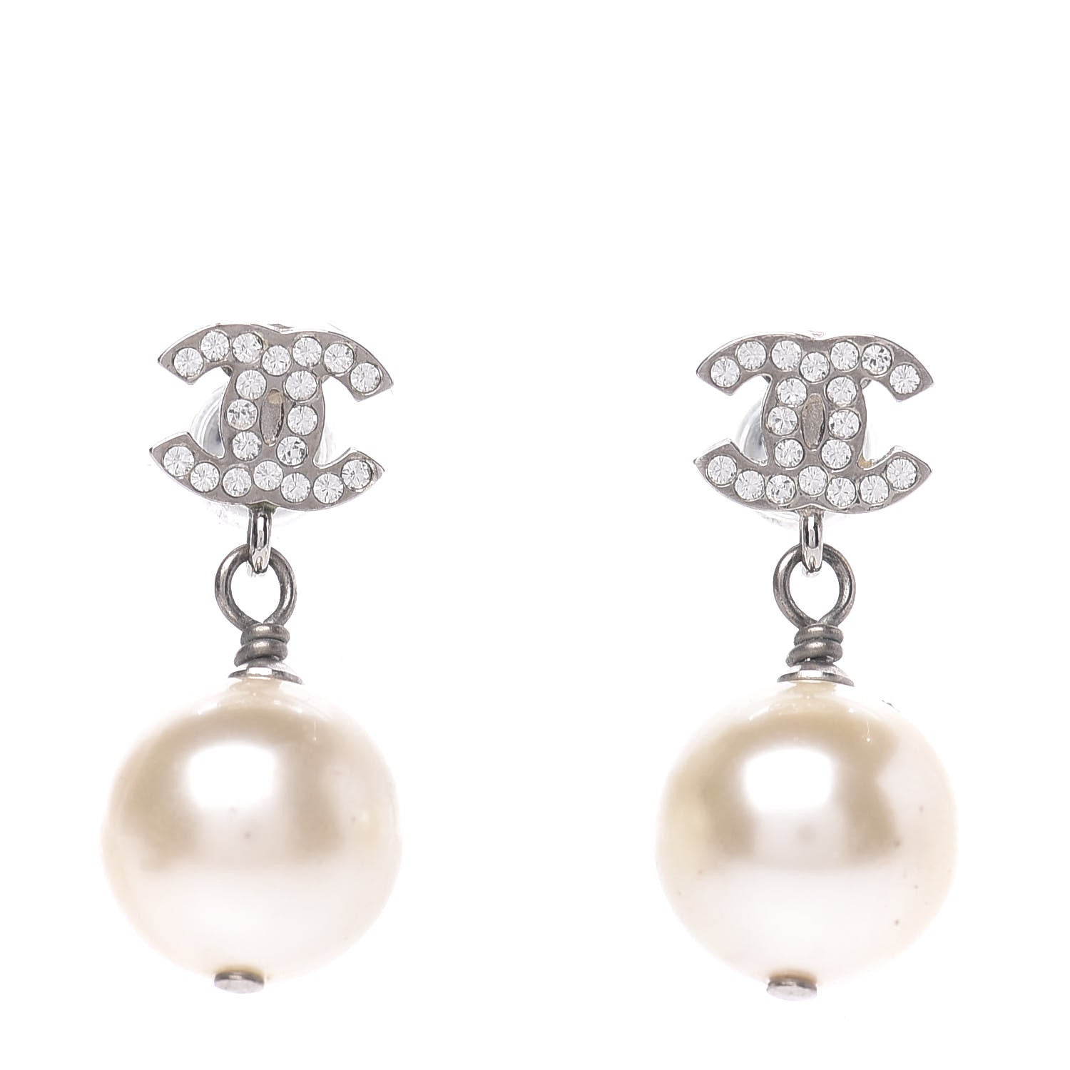 Chanel Crystal Pearl CC Drop Earrings Silver 1 of 4