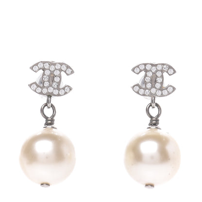 Chanel Crystal Pearl CC Drop Earrings Silver 1 of 4