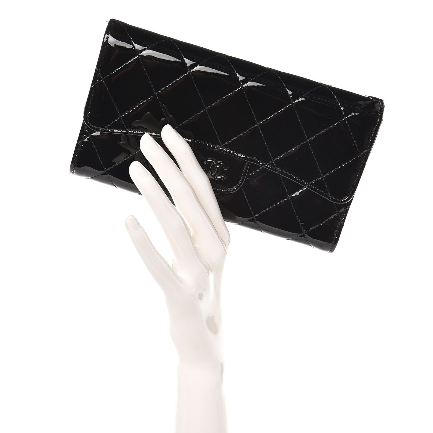 Patent Calfskin Quilted Large Flap Wallet Black