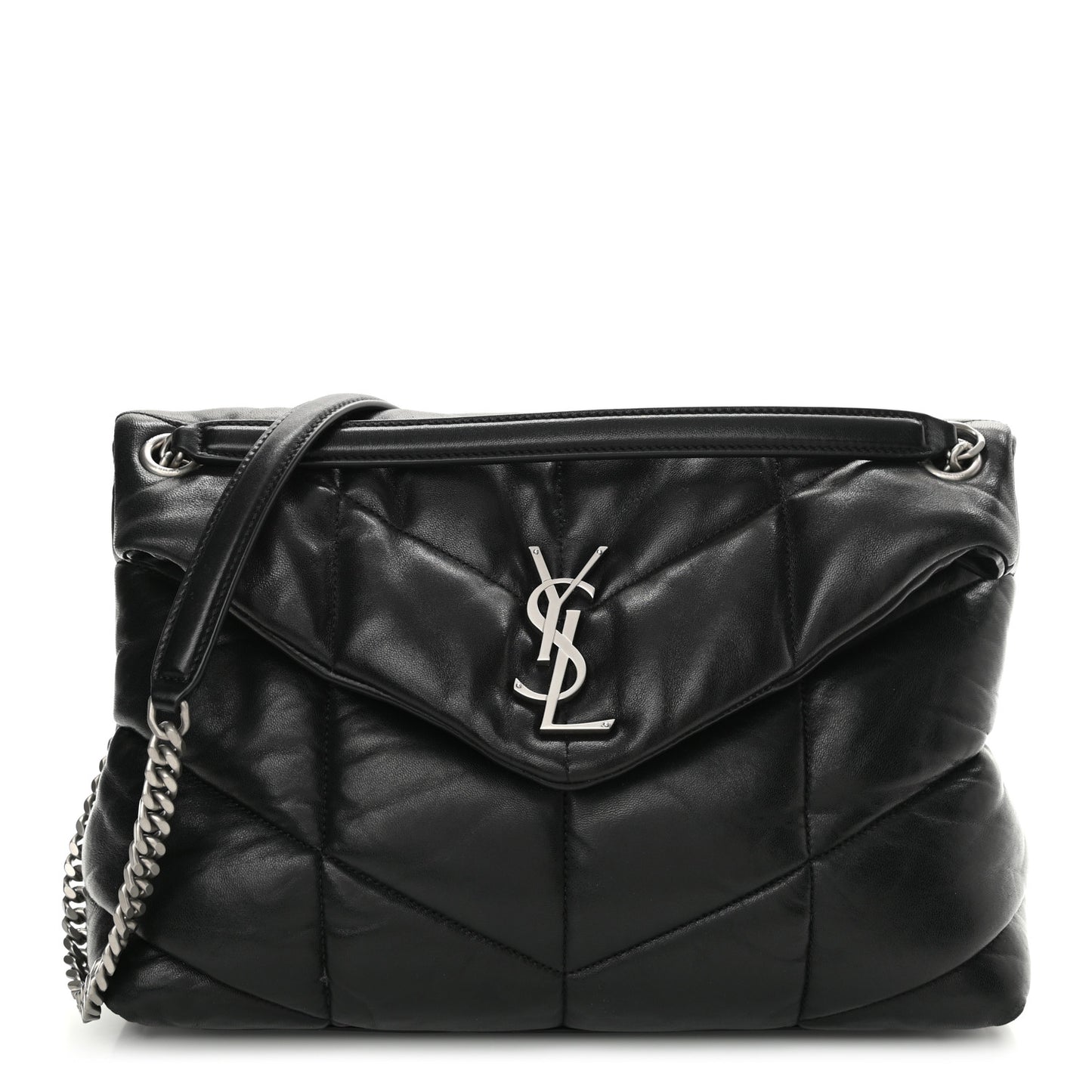 Lambskin Quilted Medium Loulou Puffer Monogram Chain Satchel Black