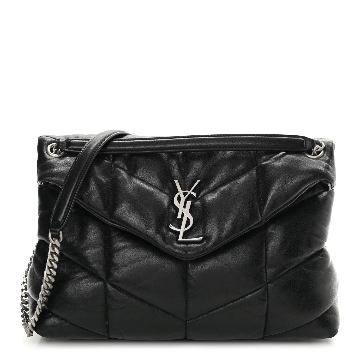 Saint Laurent Lambskin Quilted Medium Loulou Puffer Monogram Chain Satchel Black 1 of 9