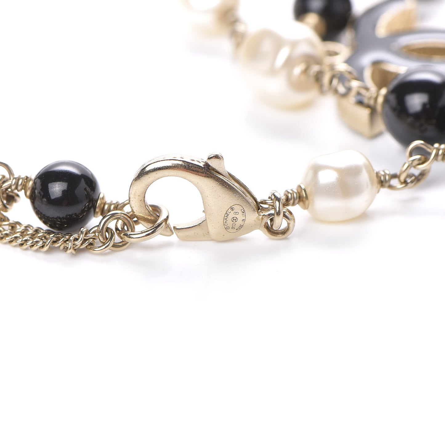Pearl Beaded Crystal CC Long Necklace Gold Black White