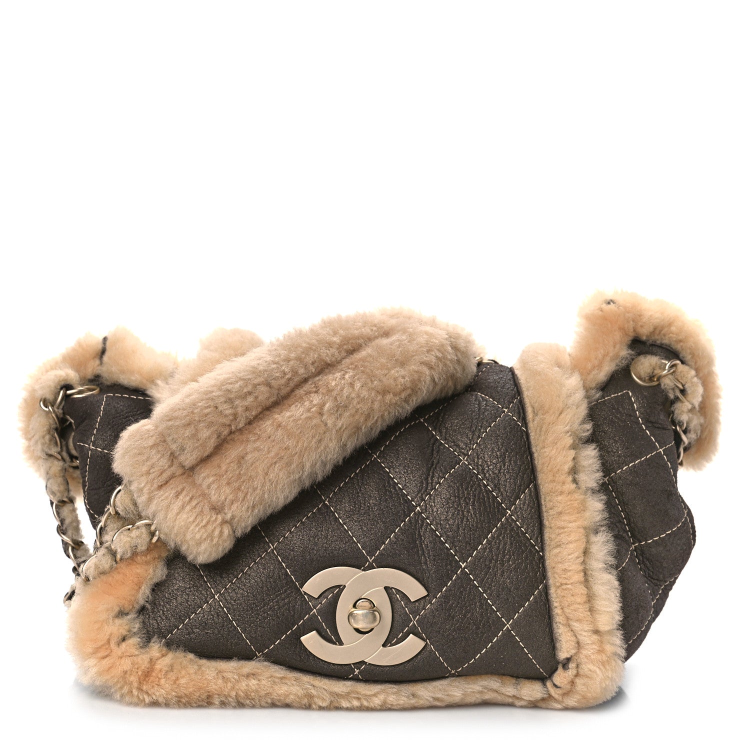Chanel Shearling Suede Quilted Small Fur Flap Metallic Bronze 1 of 8