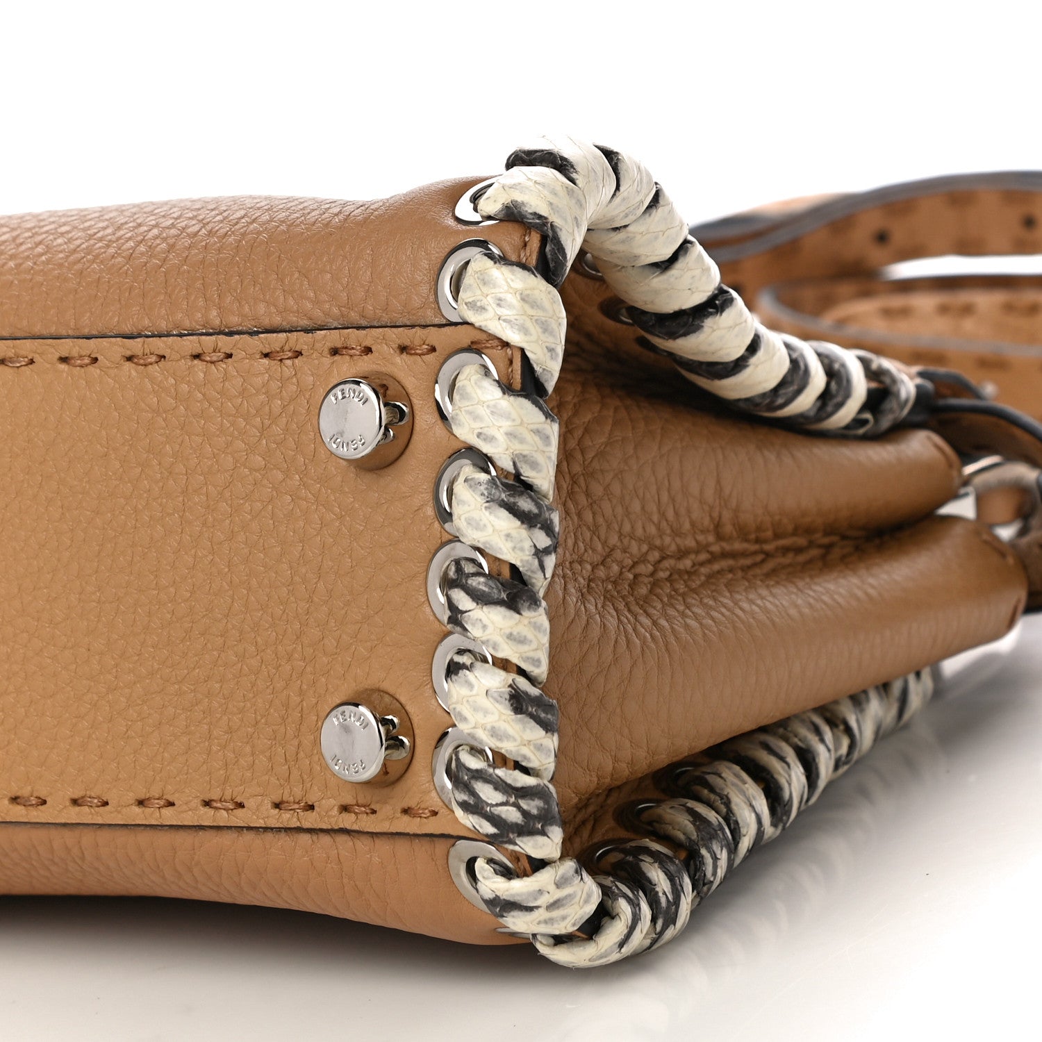 Fendi Cuoio Romano Selleria Elaphe Lace Up Mini Peekaboo Iconic Satchel Miele Scuro Natural 10 of 10