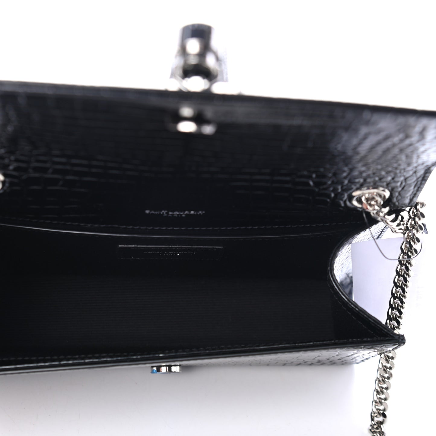 Calfskin Crocodile Embossed Small Classic Monogram Kate Tassel Satchel Black