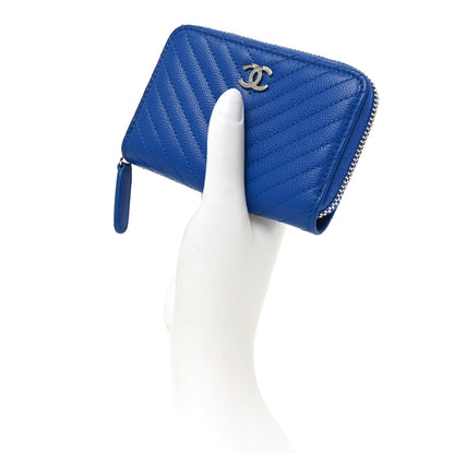 Chanel Caviar Chevron Quilted Zip Around Coin Purse Blue 2 of 8