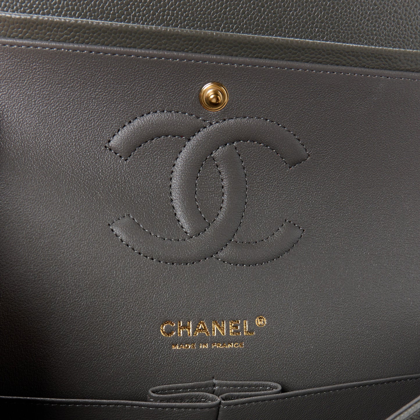 Caviar Chevron Quilted Medium Double Flap Dark Grey