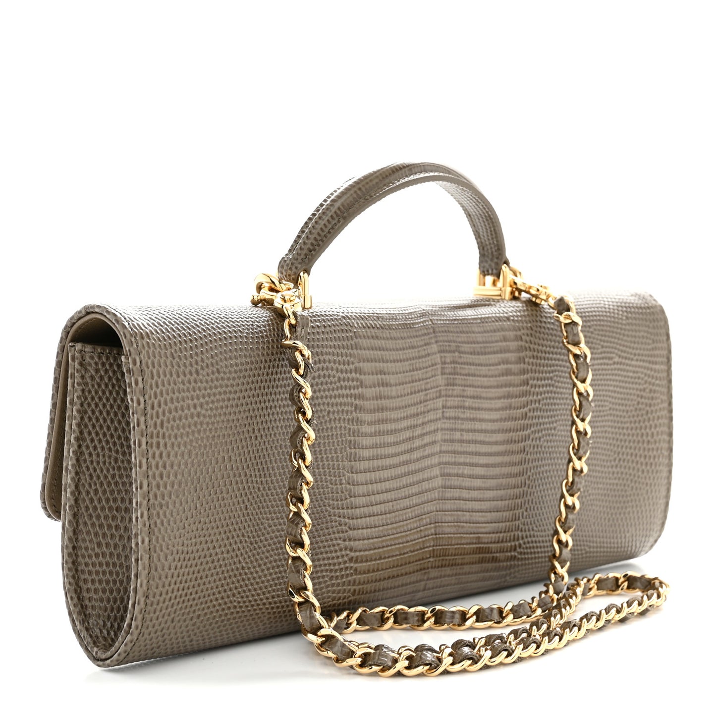 Calfskin Lizard Embossed Top Handle Long Clutch With Chain Dark Khaki