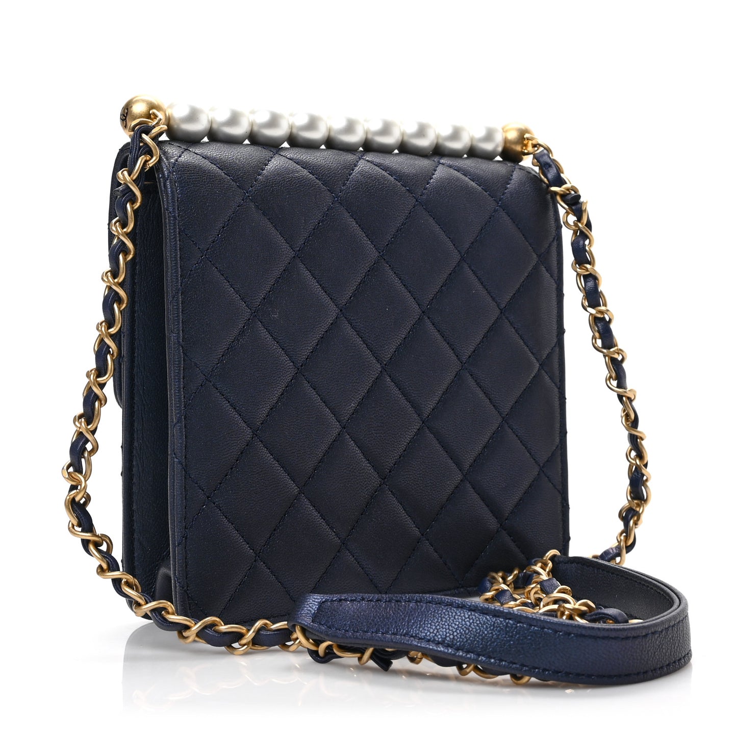 Iridescent Lambskin Quilted Chic Pearls Flap Navy Blue