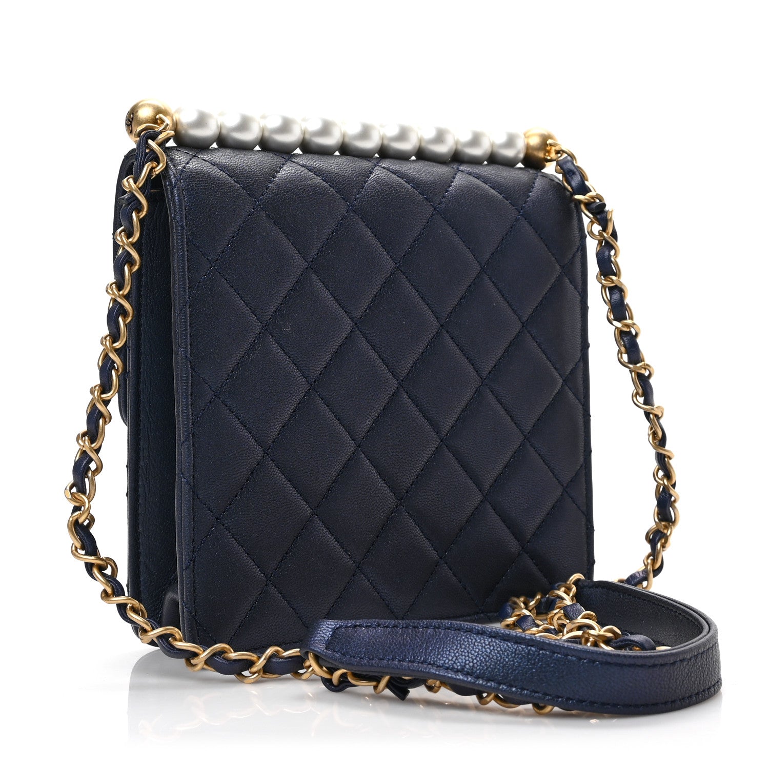 Chanel Iridescent Lambskin Quilted Chic Pearls Flap Navy Blue 3 of 9