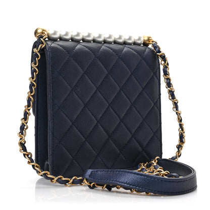 Chanel Iridescent Lambskin Quilted Chic Pearls Flap Navy Blue 3 of 9