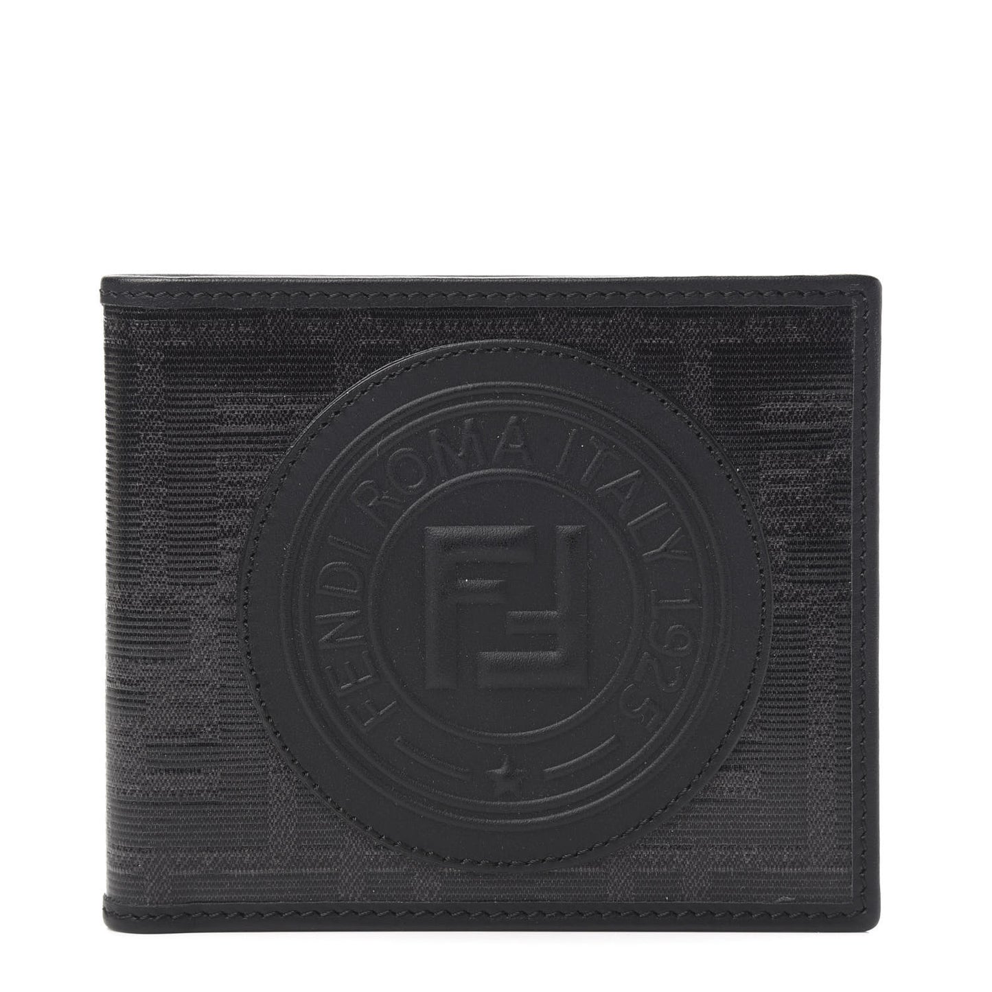 Glazed Fabric Vitello Century FF 1974 Stamp Patch Mens Bi-Fold Wallet Black