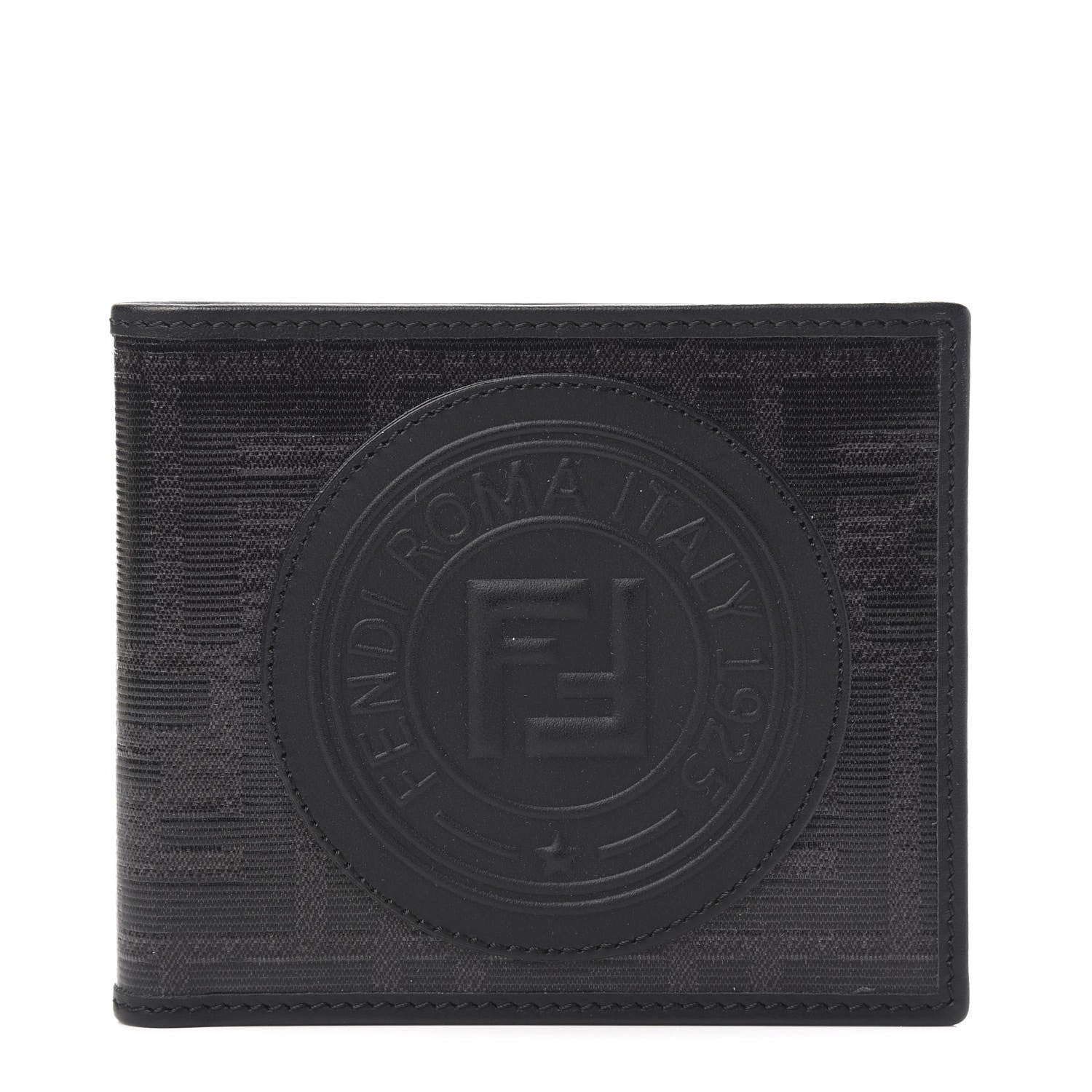 Fendi Glazed Fabric Vitello Century FF 1974 Stamp Patch Mens Bi-Fold Wallet Black 1 of 6