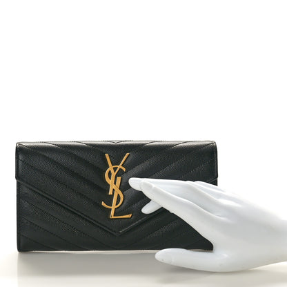 Saint Laurent Grain De Poudre Matelasse Chevron Monogram Flap Wallet Black 2 of 8