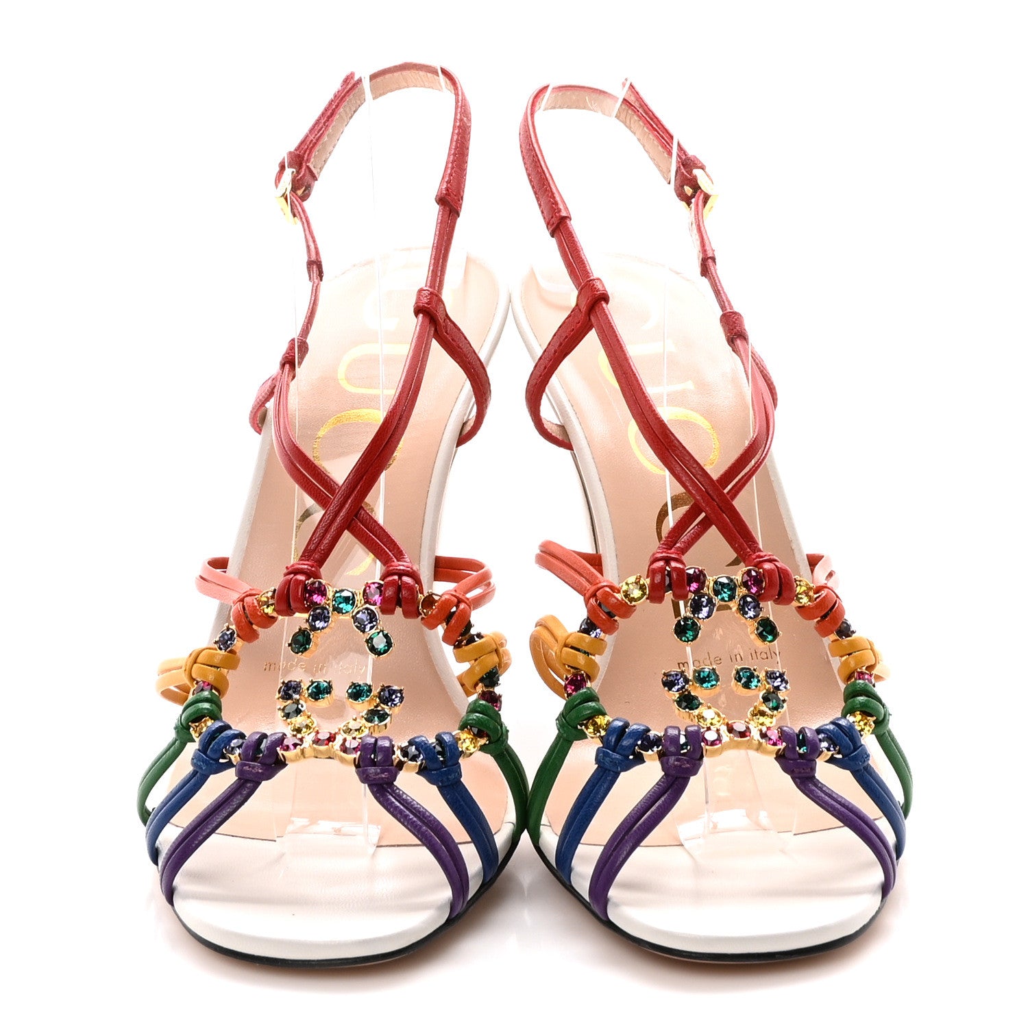 Gucci Calfskin Crystal GG Isa Ankle Strap Mid Heel Sandals 35 Multicolor 3 of 9