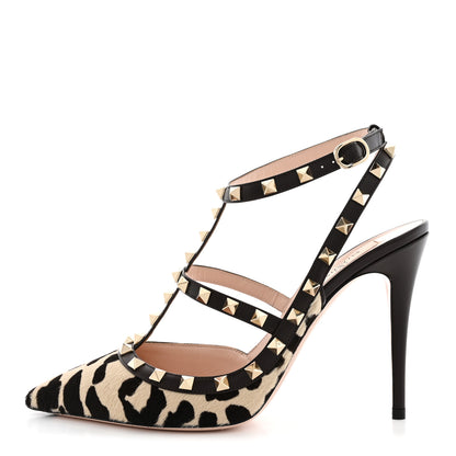 Valentino Garavani Calfskin Pony Hair Effect Rockstud Ankle Strap 100mm Pumps 41 Natural 1 of 11