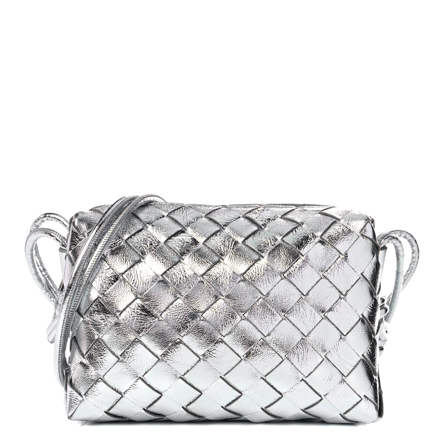 Metallic Calfskin Intrecciato Mini Loop Camera Bag Silver