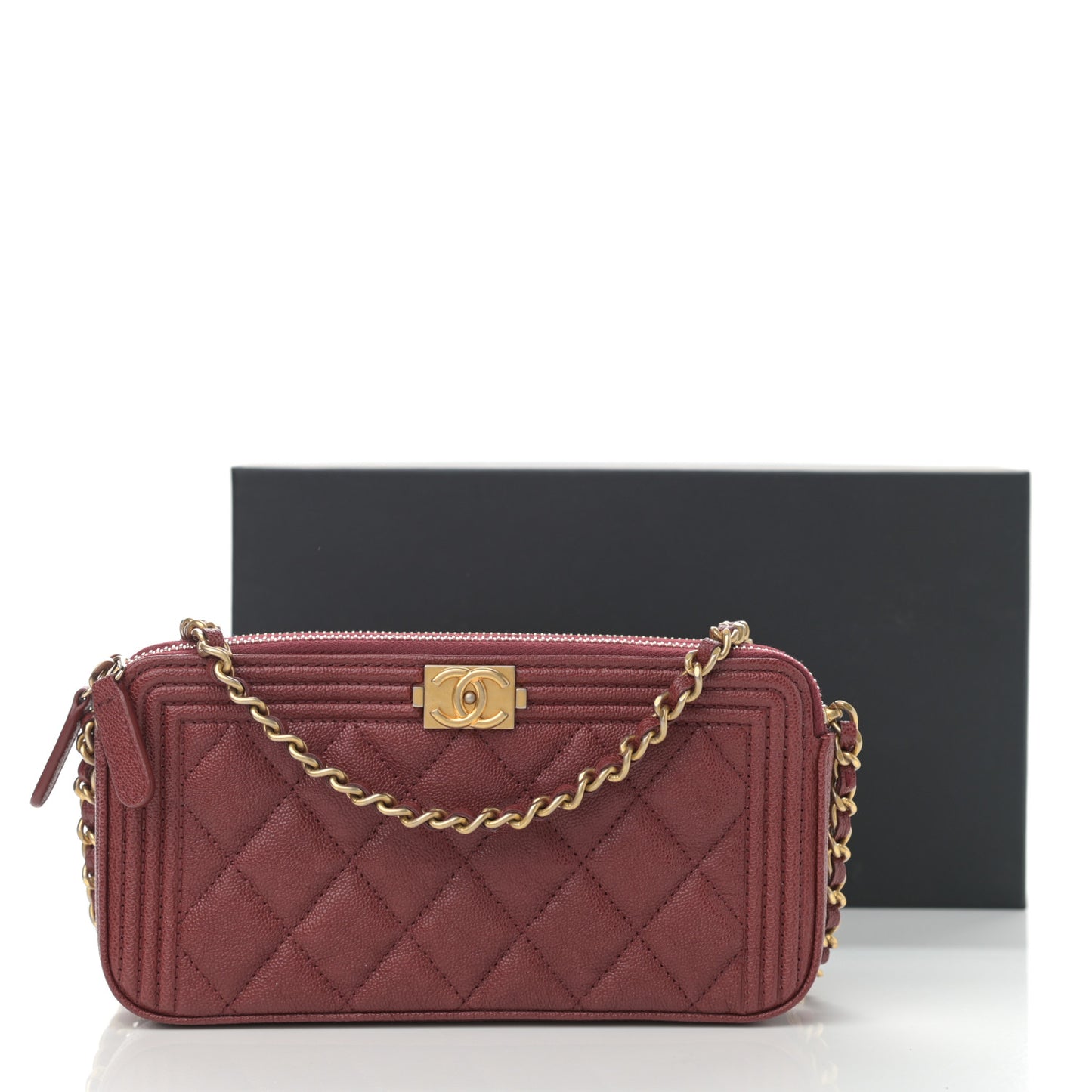 Caviar Quilted Small Boy Clutch With Chain Burgundy