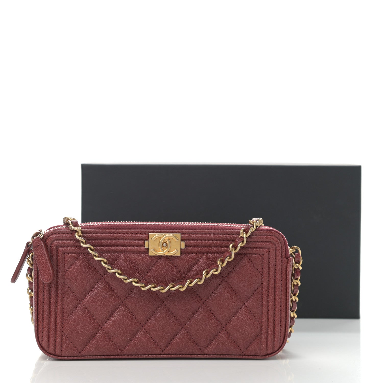Chanel Caviar Quilted Small Boy Clutch With Chain Burgundy 13 of 13
