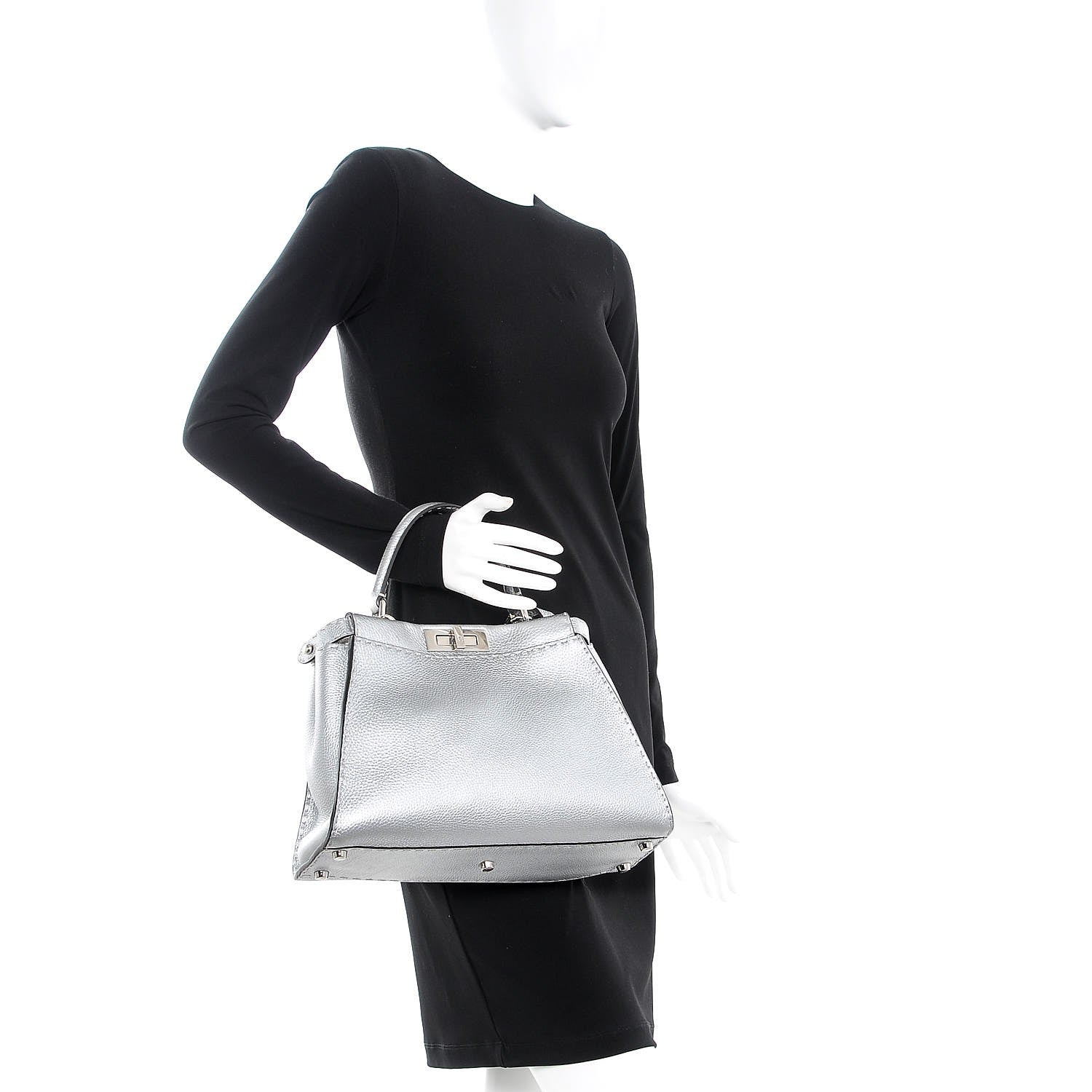 Fendi Cuoio Romano Lux Selleria Medium Peekaboo Iconic Satchel Argento 3 of 7
