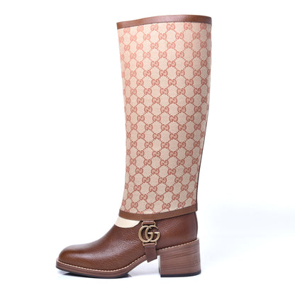 Gucci GG Monogram Calfskin Lola Tall Boots 39.5 Beige Ruggine Cuir 1 of 11