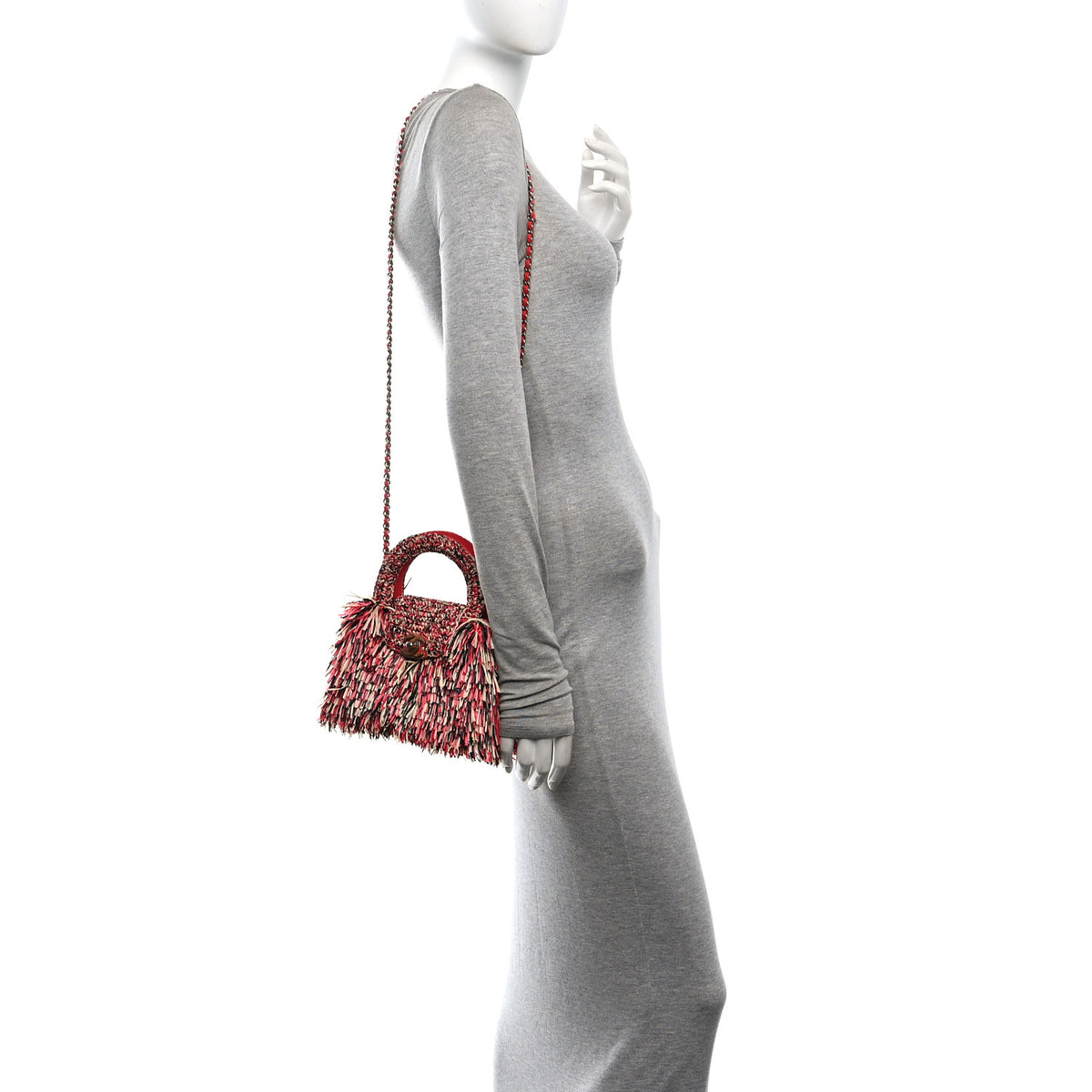 Chanel Raffia Fringe Nano Kelly Shopper Red Beige Black 2 of 11