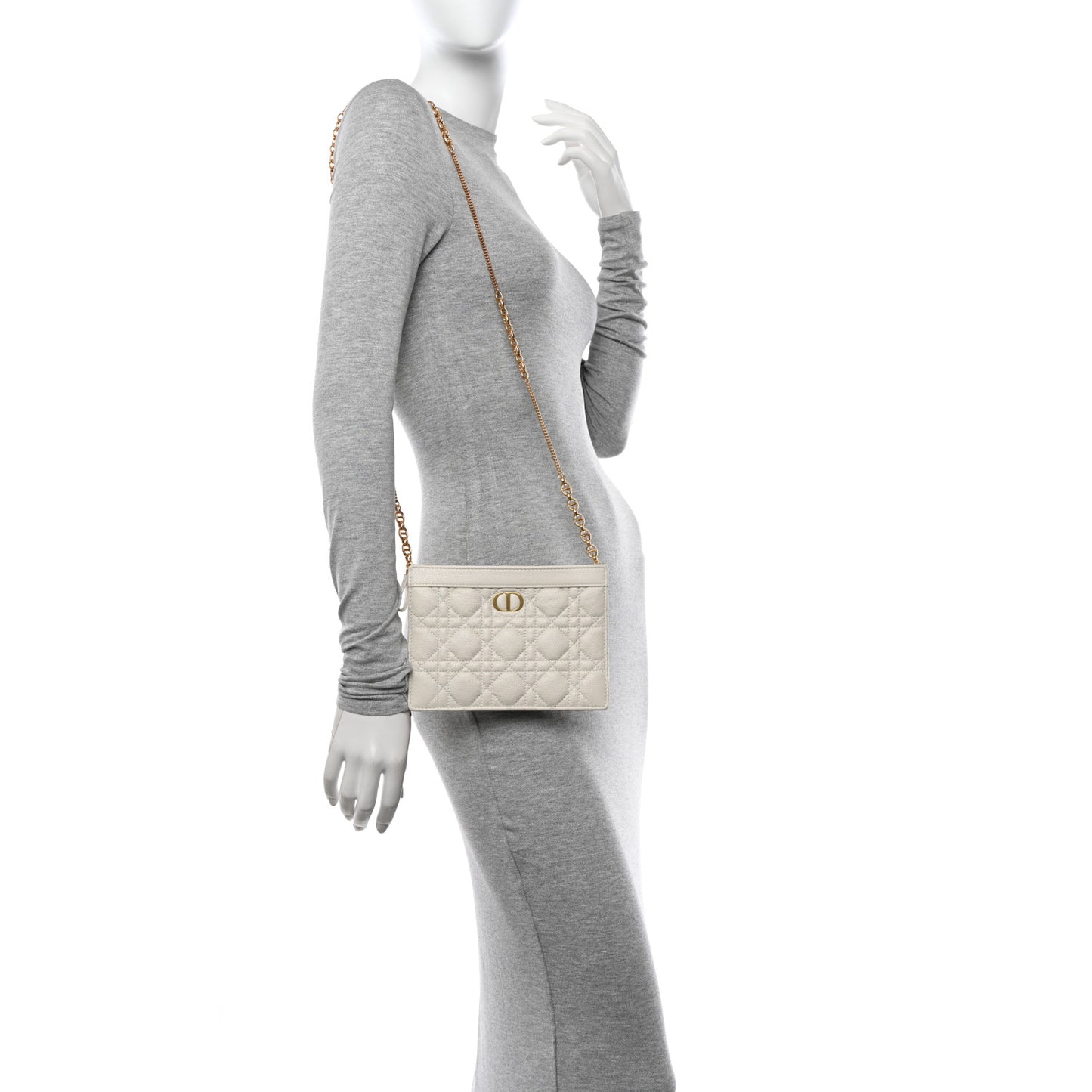 Calfskin Cannage Caro Zipped Pouch With Chain Latte