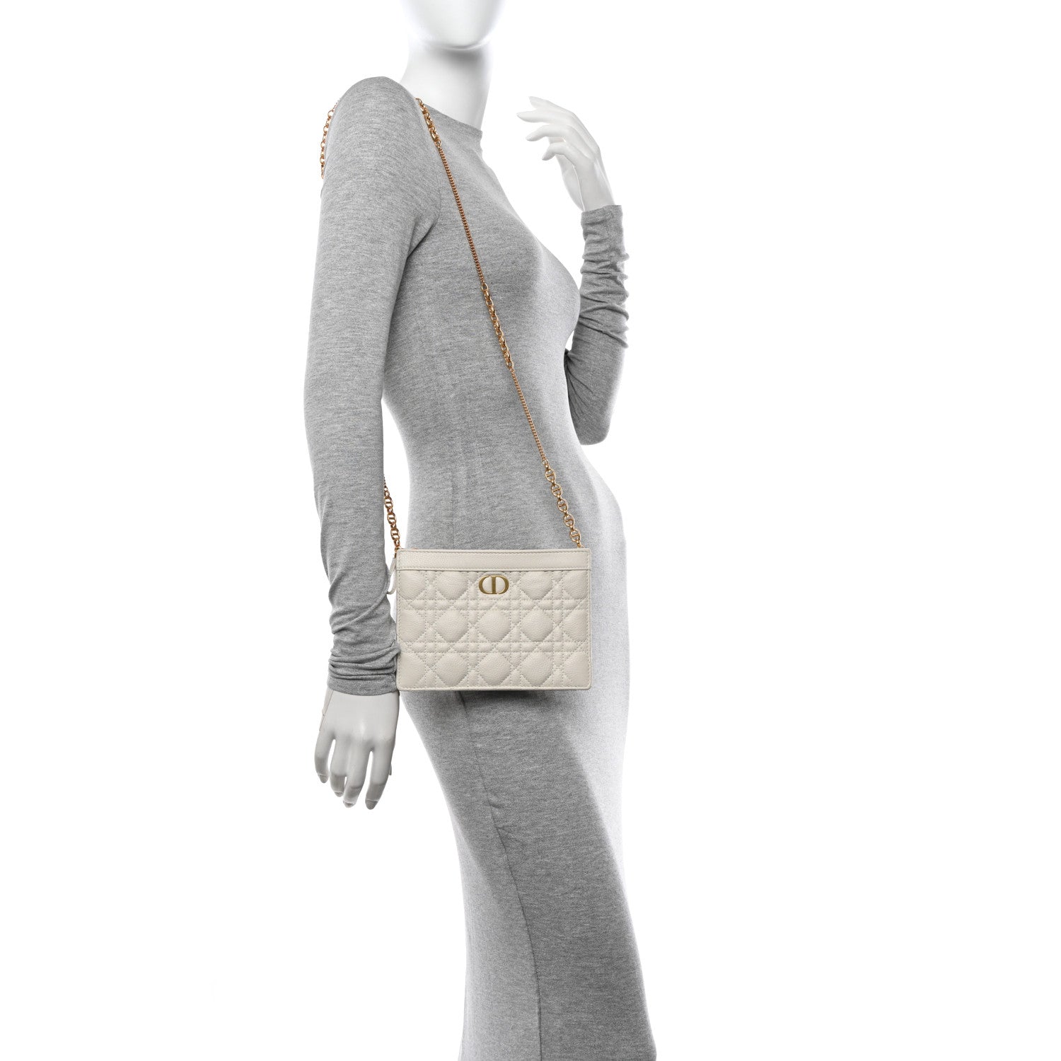 Christian Dior Calfskin Cannage Caro Zipped Pouch With Chain Latte 2 of 14