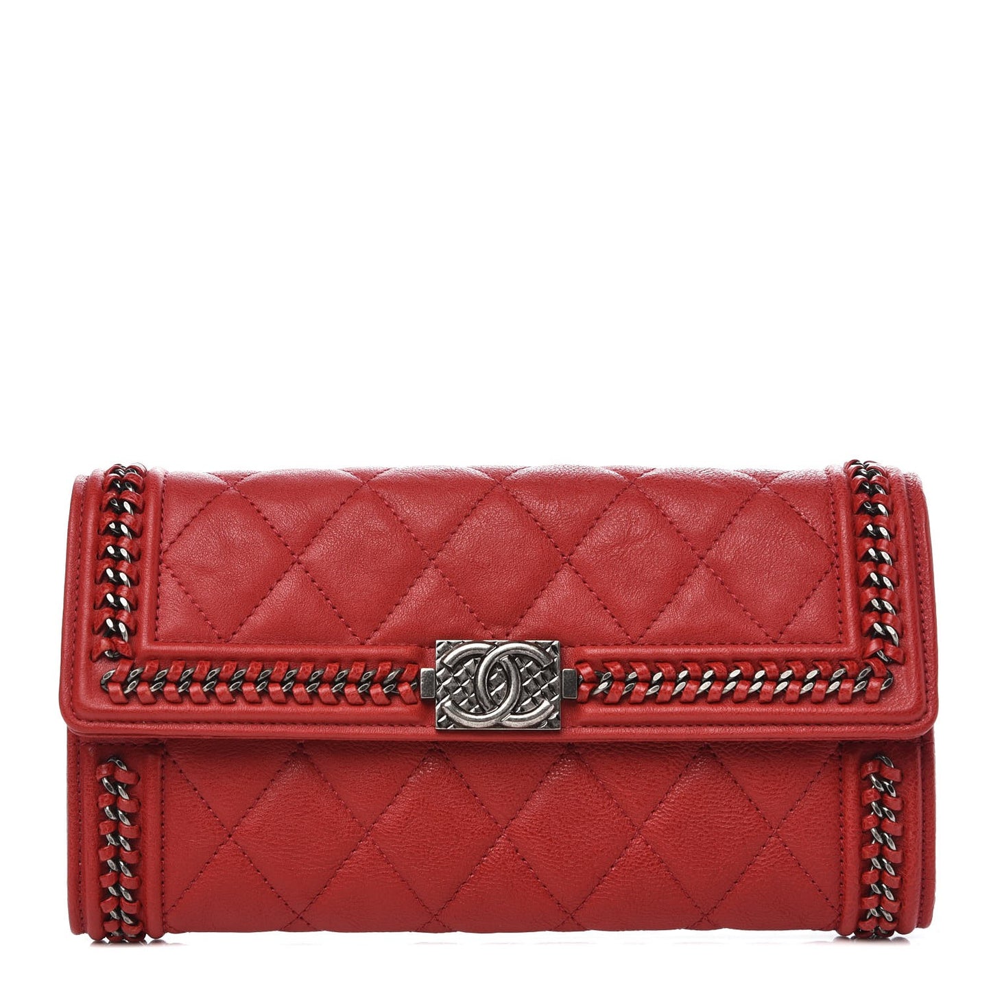 Calfskin Quilted Boy Chain Around Flap Wallet Red
