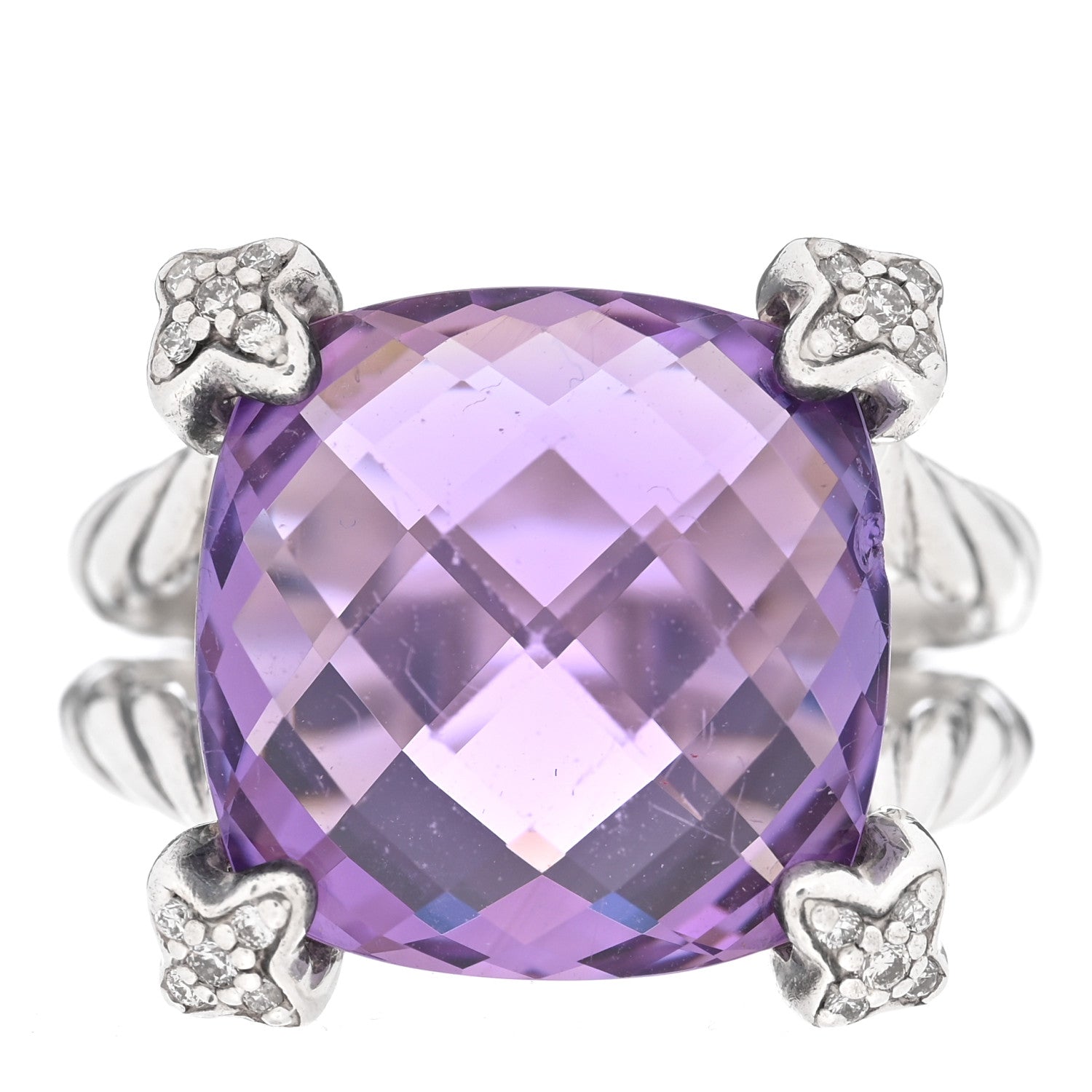 David Yurman Sterling Silver Diamond Amethyst 15mm Cushion On Point Ring 51 5.75 1 of 4