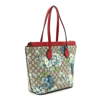 Gucci GG Supreme Monogram Blooms Medium Zippered Bucket Tote Beige Blue Navy Hibiscus Red 3 of 12