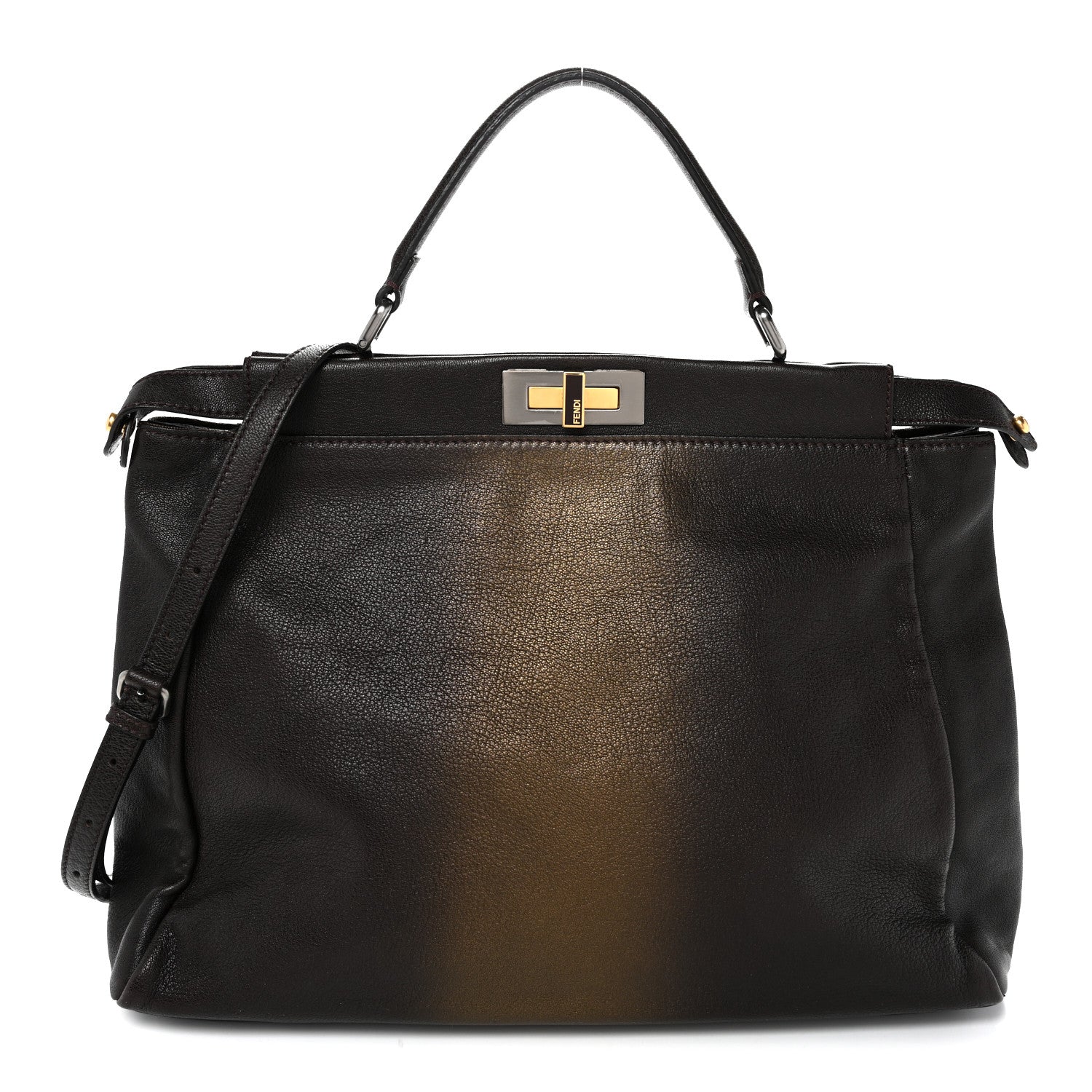FENDI 大判 マロンベージュ × ブラック ロゴブランケット アルパカ 秋冬 Fendi Goatskin Zucca Ombre Large Peekaboo Iconic Satchel Moro Gold