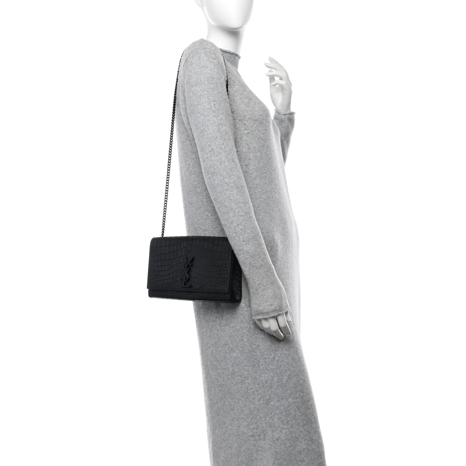 Saint Laurent Calfskin Crocodile Embossed Medium Classic Monogram Kate Satchel Black 2 of 11