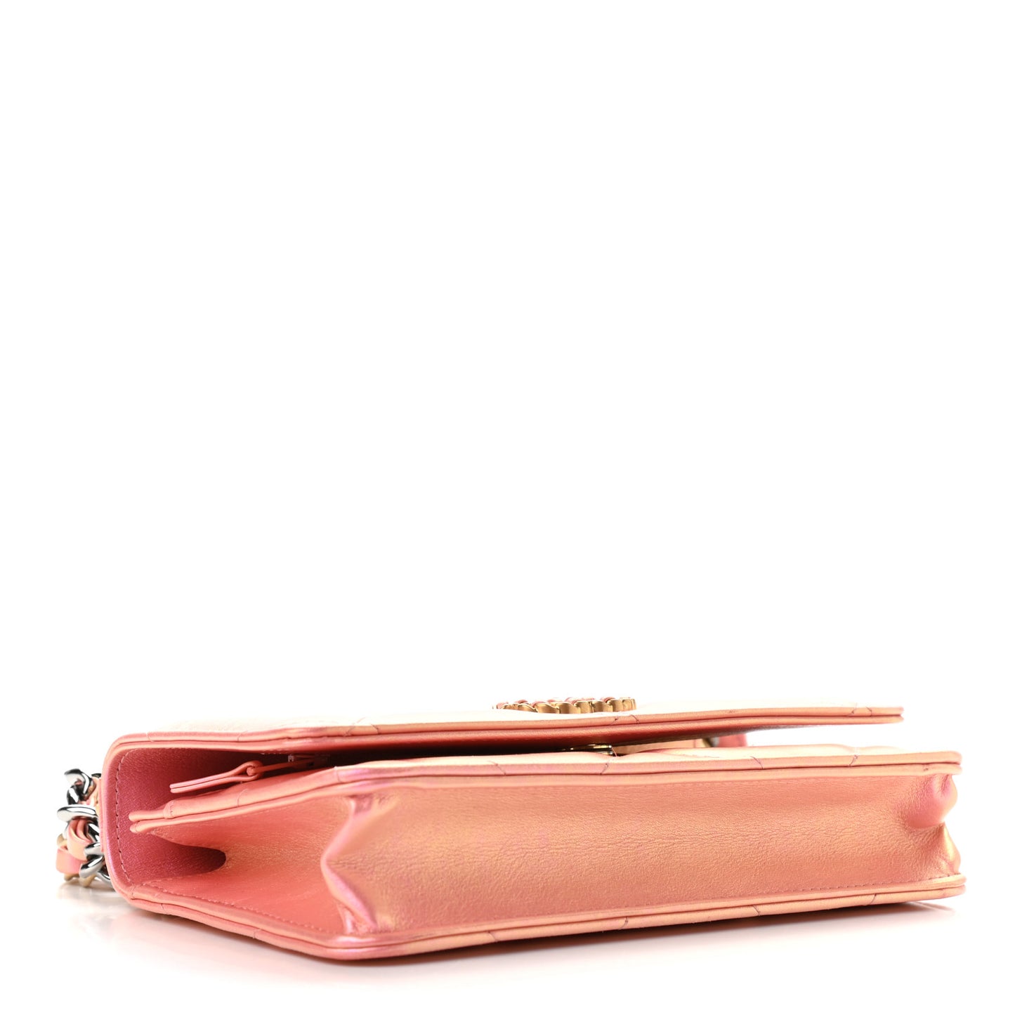 Iridescent Calfskin Quilted Chanel 19 Wallet On Chain WOC Pink