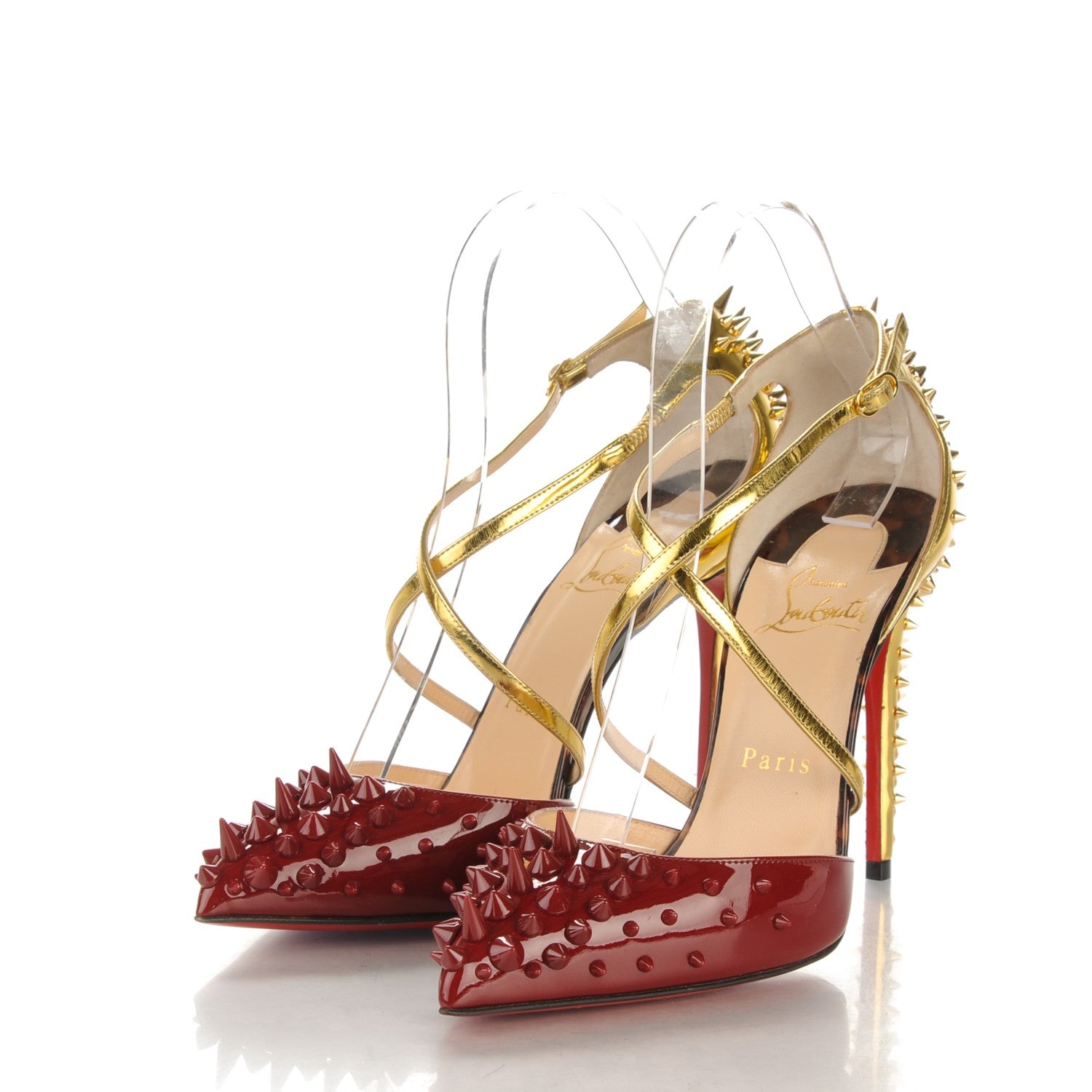 Christian Louboutin Patent Specchio Goldocross Spikes 100 Pumps 37 Carmin 3 of 7