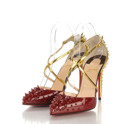 Christian Louboutin Patent Specchio Goldocross Spikes 100 Pumps 37 Carmin 3 of 7