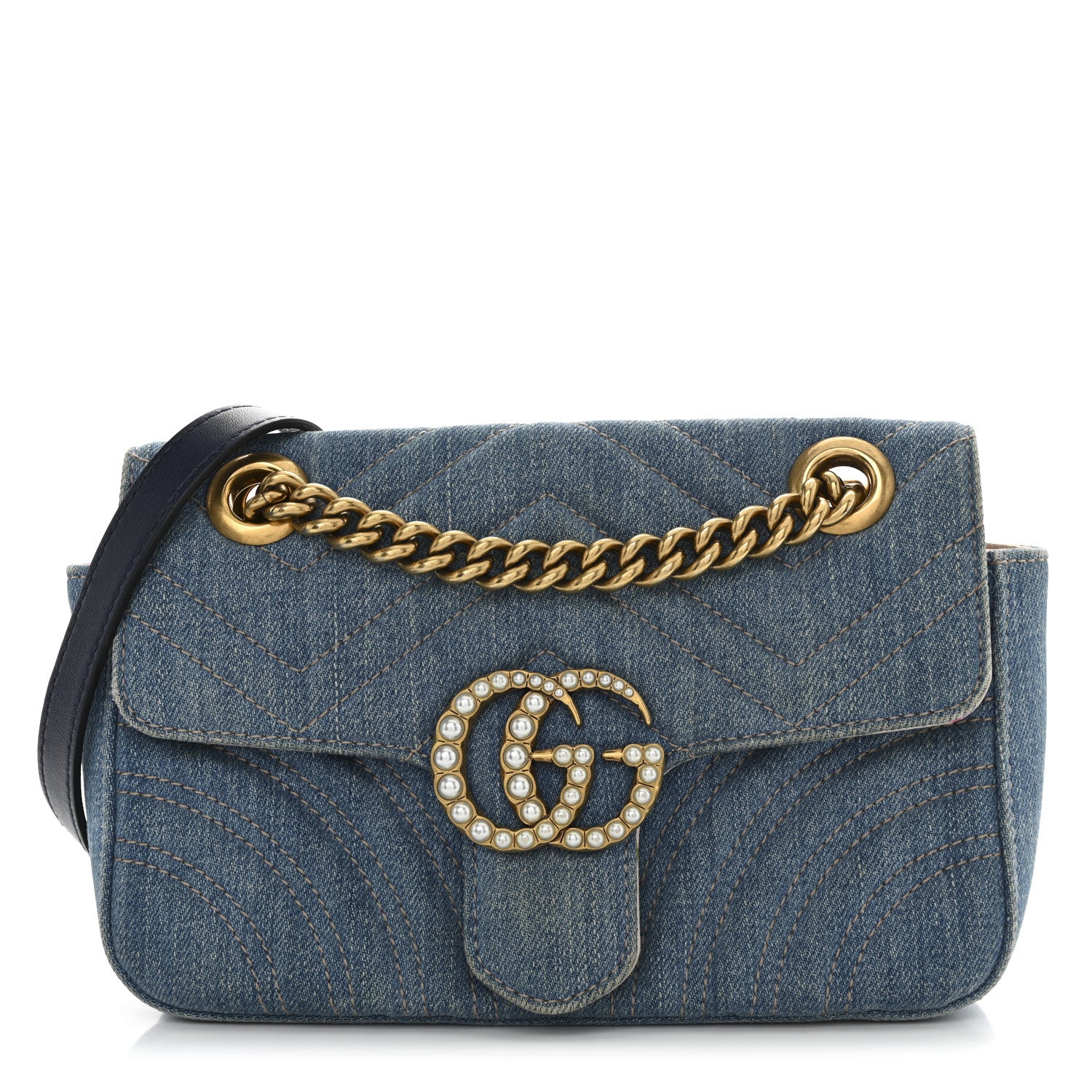 Gucci Denim Matelasse Small Pearly GG Marmont Shoulder Bag Blue 1 of 13