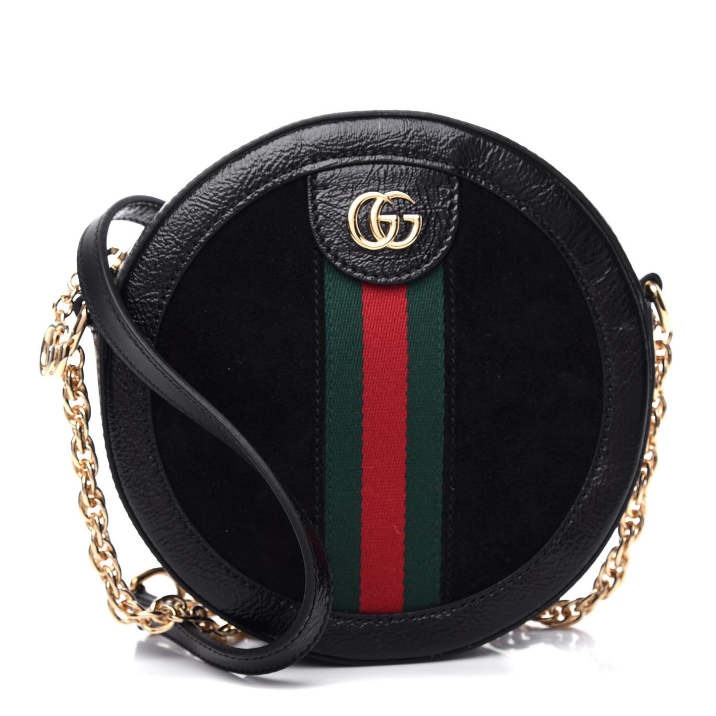 Suede Patent Web Mini Ophidia Round Shoulder Bag Black