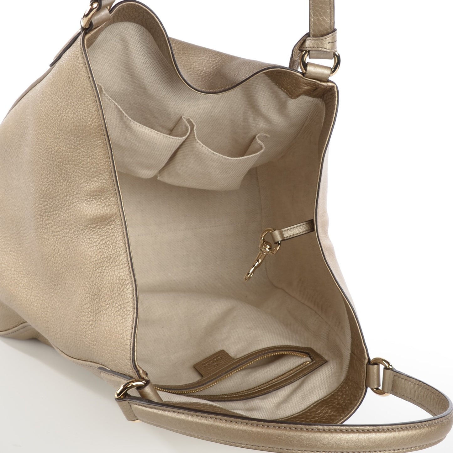 Metallic Pebbled Calfskin Medium Soho Shoulder Bag Golden Beige