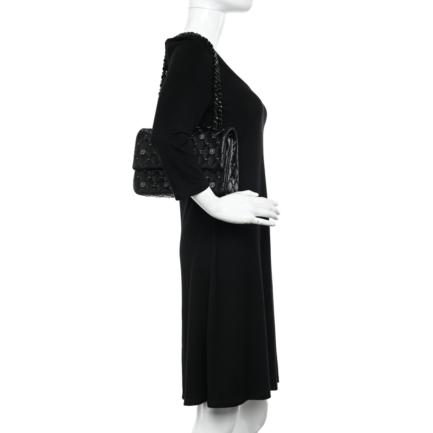 Lambskin Beaded Quilted Flower Double Flap Black