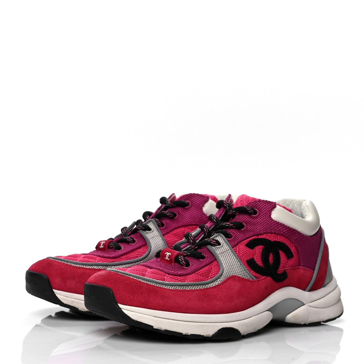 Chanel Mesh Suede Calfskin Grained Calfskin Womens CC Sneakers 40.5 Dark Pink Silver 3 of 9
